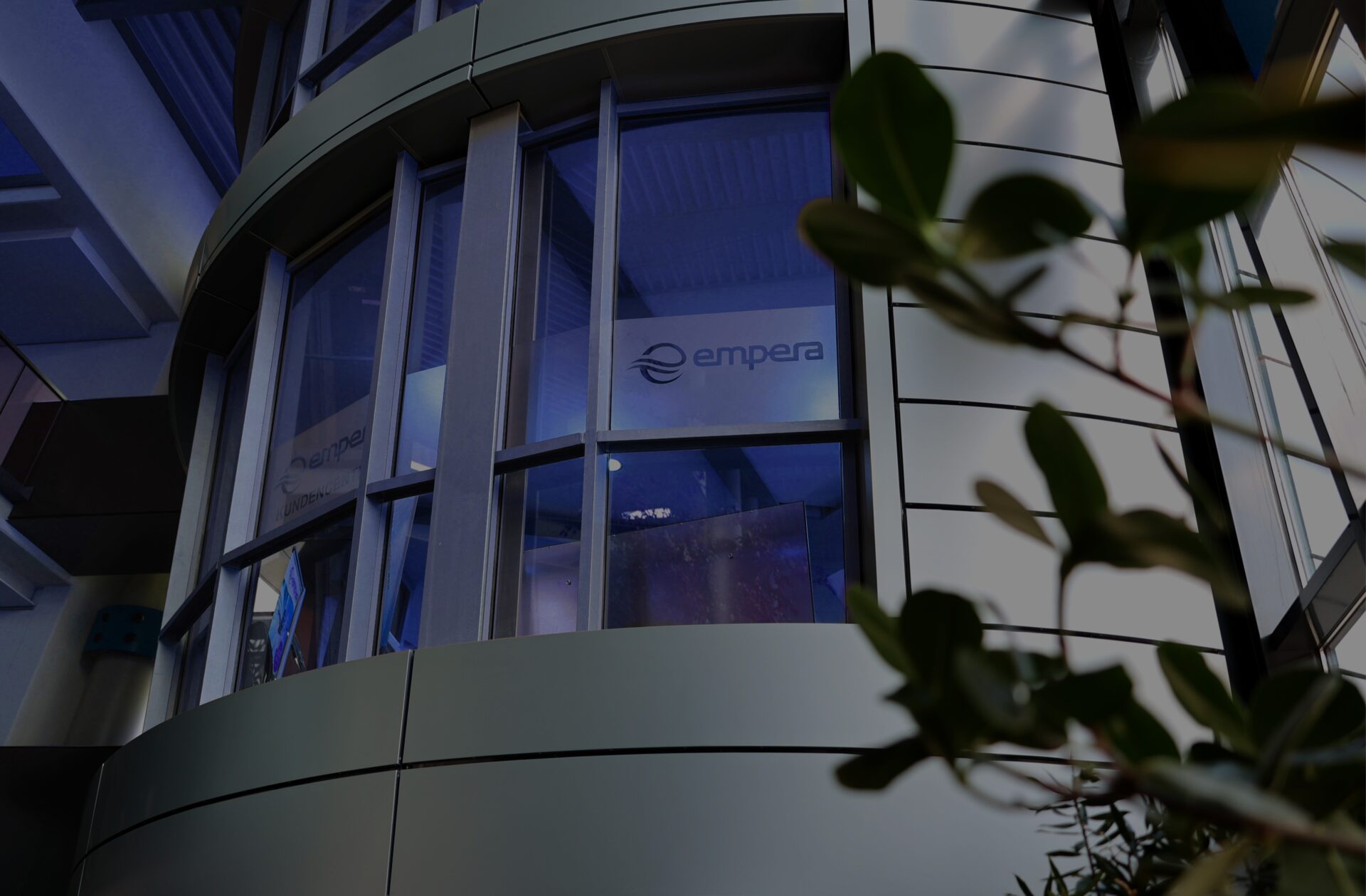 Empera-Gebäude mit moderner Architektur, im Vordergrund eine grüne Pflanze